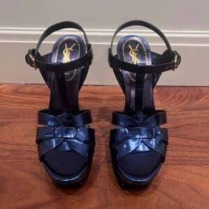 Saint Laurent Tribute 105mm Platform Heels in Navy Blue Patent Leather